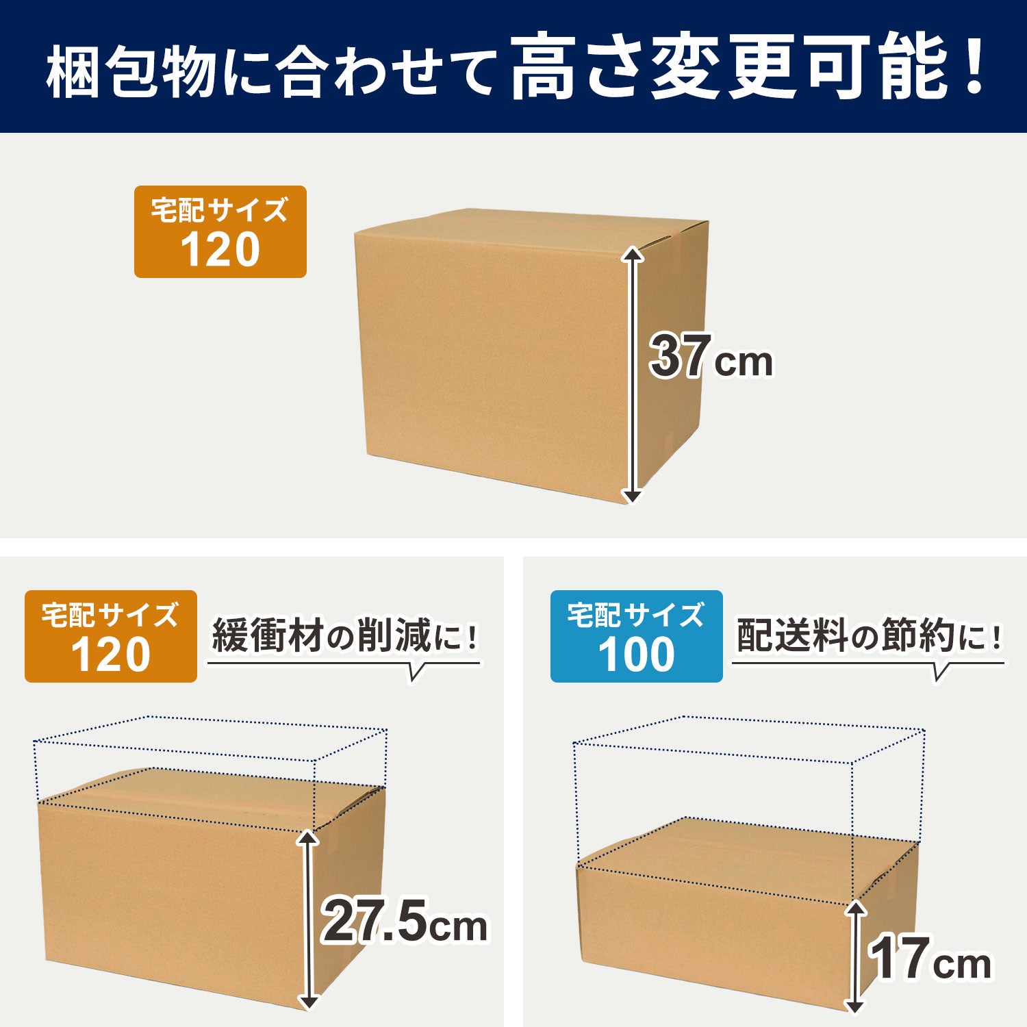 高さ調整可能】 120サイズ ダンボール 最大組立寸法：46×36×高さ37cm
